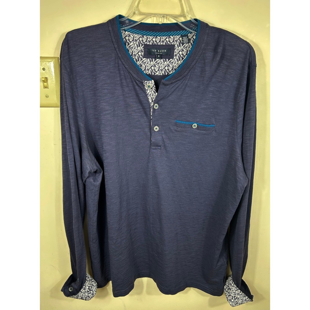 Ted Baker London Slub Henley Shirt Men's XL Long Sleeve Floral Trim Preppy